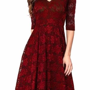 3/4 Sleeves Lace Fit & Flare Midi  Dress
